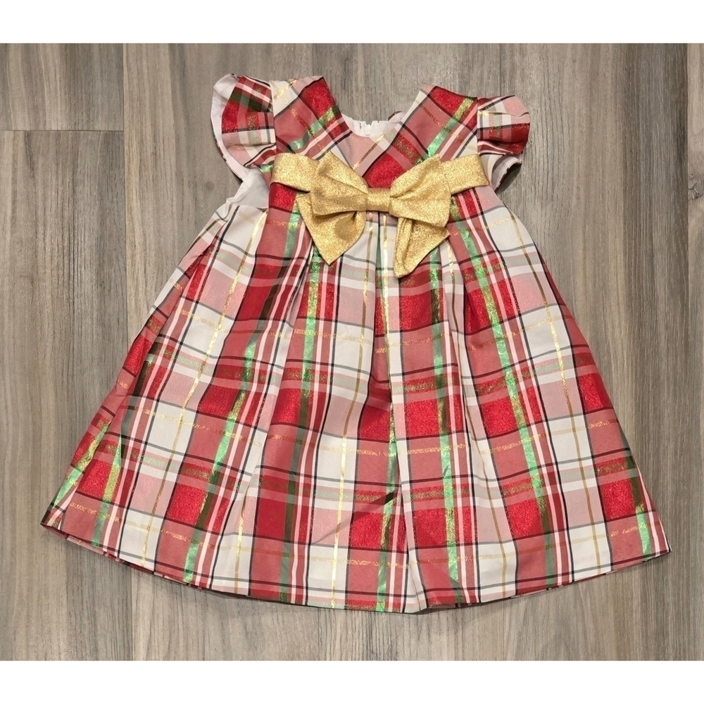 Enchanting Bonnie Jean Christmas Dress with Oversized Gold Bow - Size 24 Months - Picture 1 of 4
